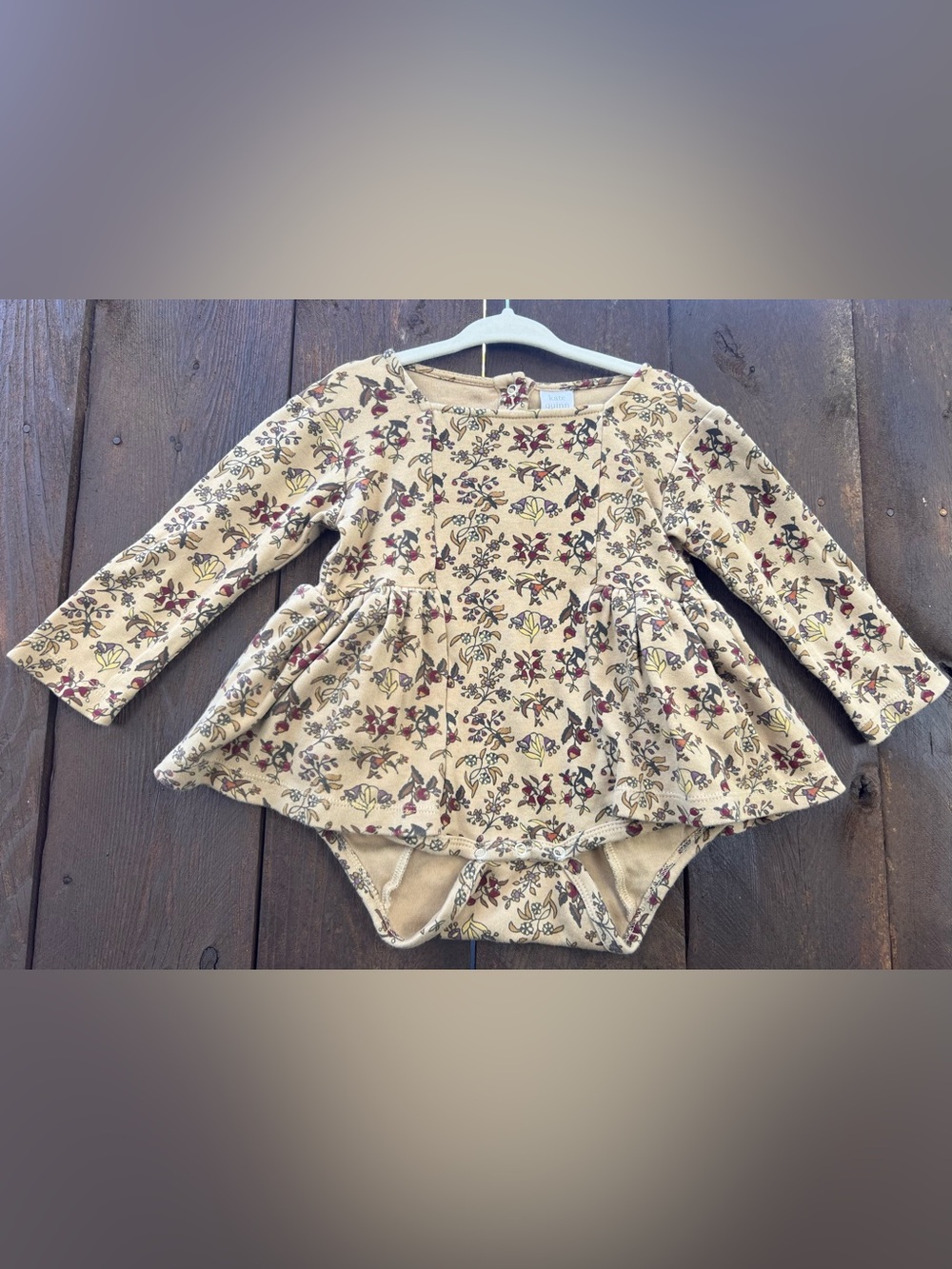 kate quinn Tan Fall Floral Long-Sleeve Peplum Dress Organic Cotton -Size 12M-18M